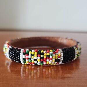 Beaded Leather Cuff Bracelet in Black with Multicolor Accent